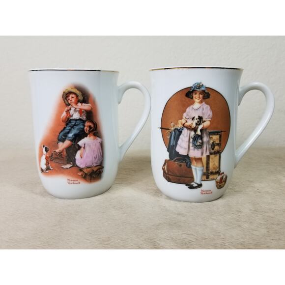 Norman Rockwell Coffee Mug Tea Cup 1981 Gold Trim 4 1/4" Drinkware 10oz x2 - Picture 1 of 12